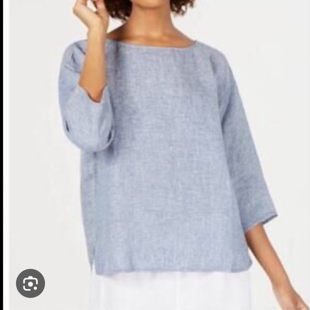 Eileen Fisher Light Blue Linen Boatneck Blouse - Picture 2 of 13